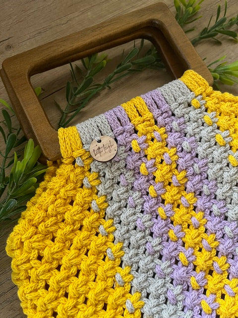 Braided Macrame Shopper Bag - in yellow, lavender and grey