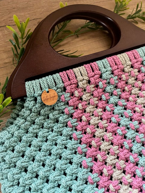 Braided Macrame Shopper Bag - in ice blue, grey and dark musk