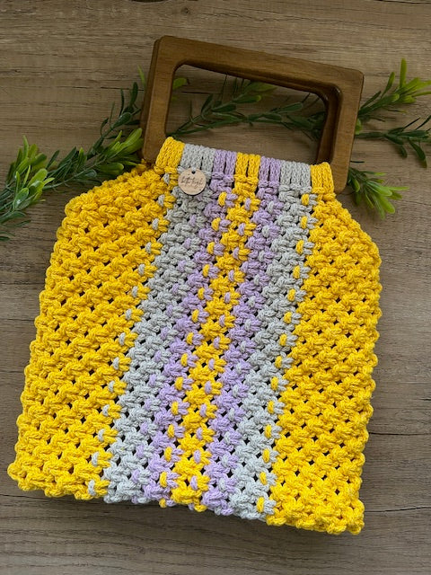 Braided Macrame Shopper Bag - in yellow, lavender and grey