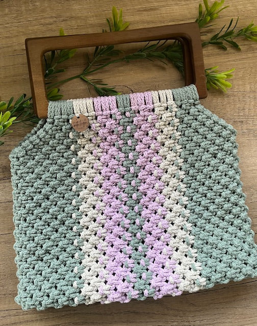 Braided Macrame Shopper Bag - in sage, grey and lavender