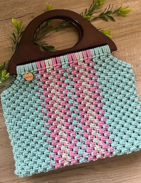 Braided Macrame Shopper Bag - in ice blue, grey and dark musk
